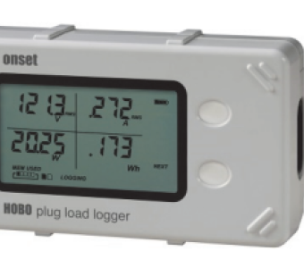 plug load logger turned on showing the A, W, V, and Wh